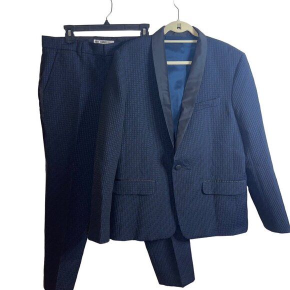 Mr Turk Textured Mens Suit Jacket Pants Size 44 Blue Pockets Classic USA